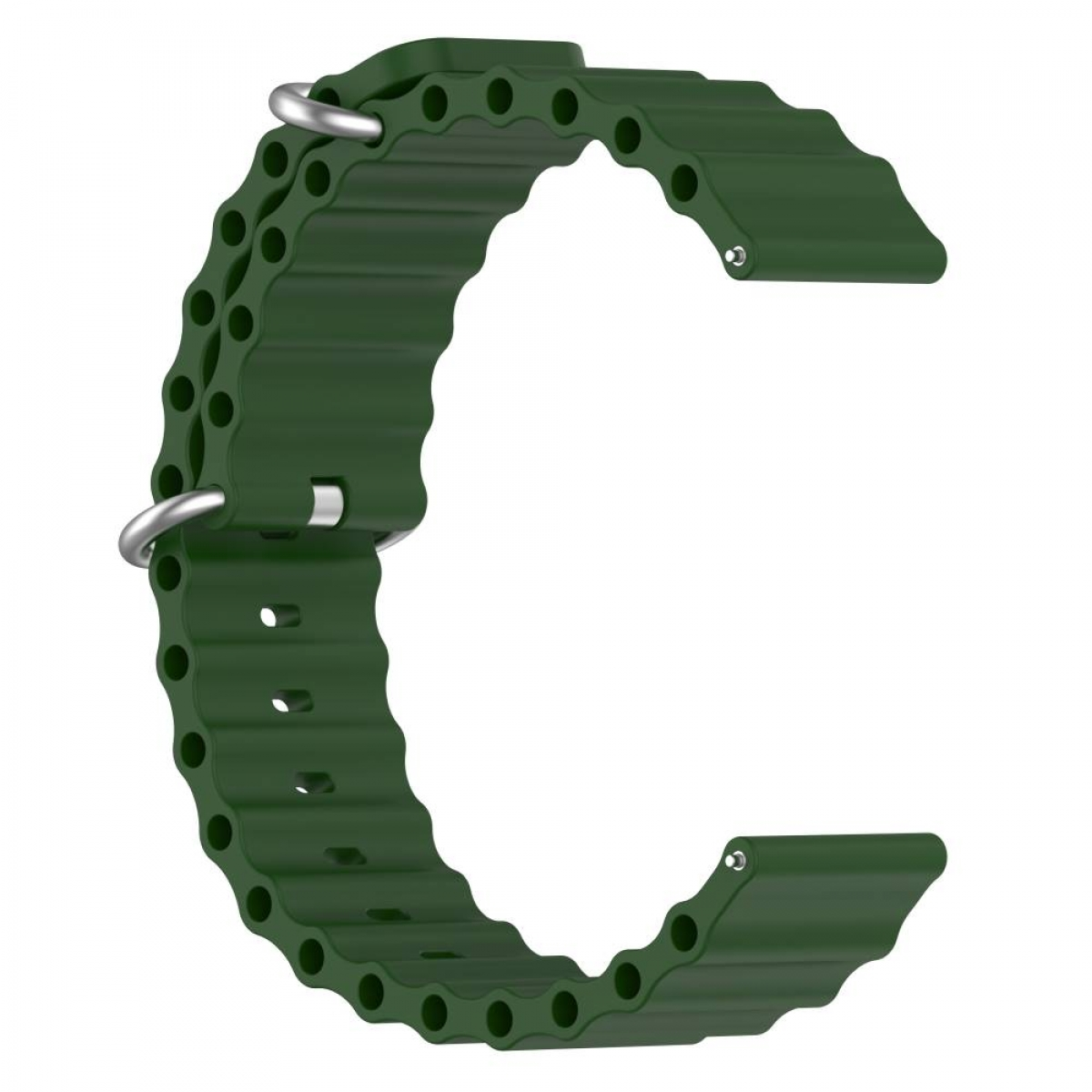 Grünes Uhrenarmband mit wellenförmigem Design. Es hat zwei Metallverschlüsse zur Befestigung.
