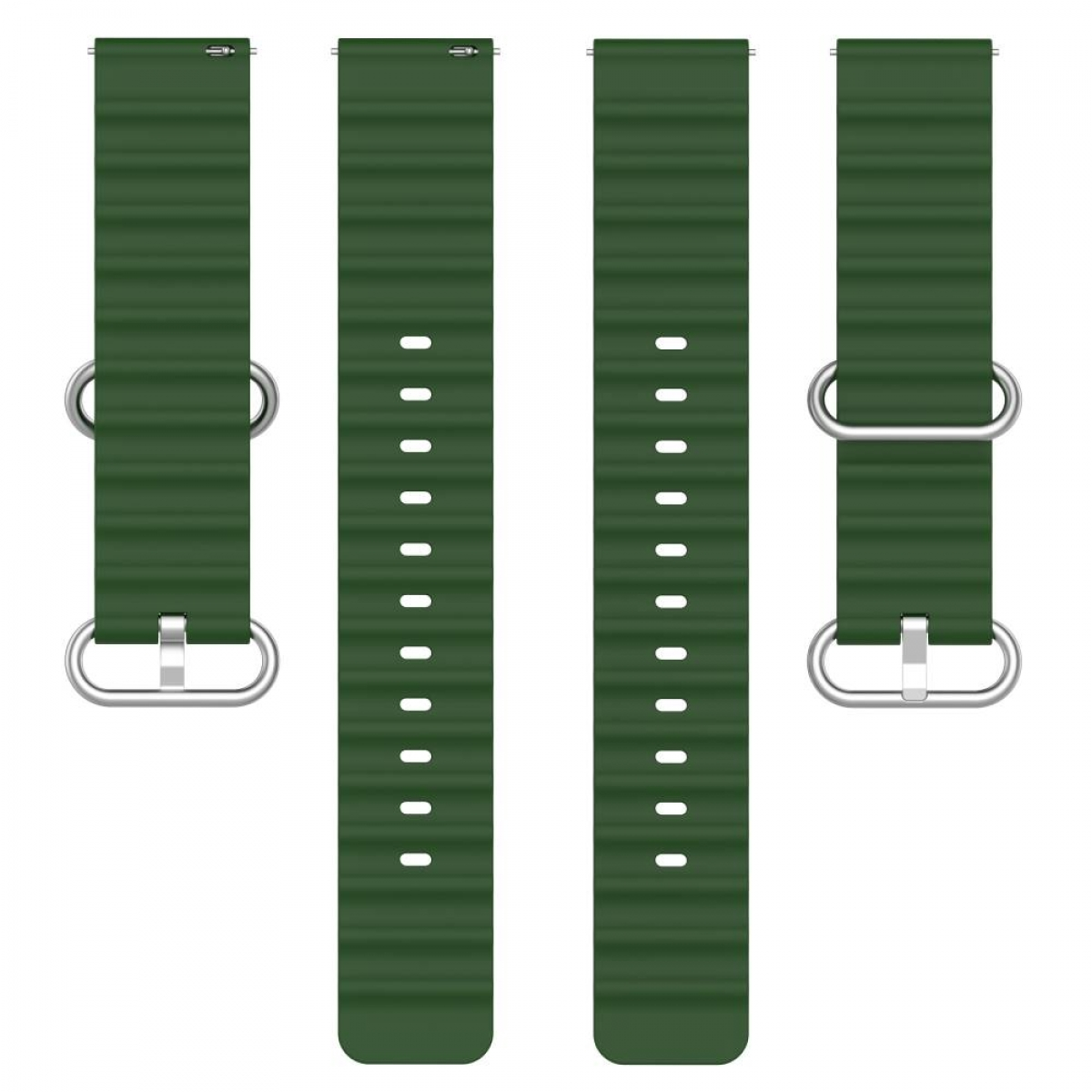 Vier grüne Armbänder. Jedes hat eine Schnalle und Löcher zur Anpassung. Metallschlaufen sind vorhanden.