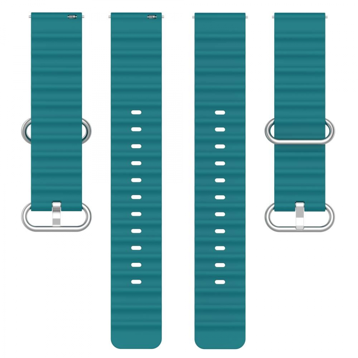 Türkisfarbene Uhrenarmbänder mit strukturierter Oberfläche und Metallschnallen.