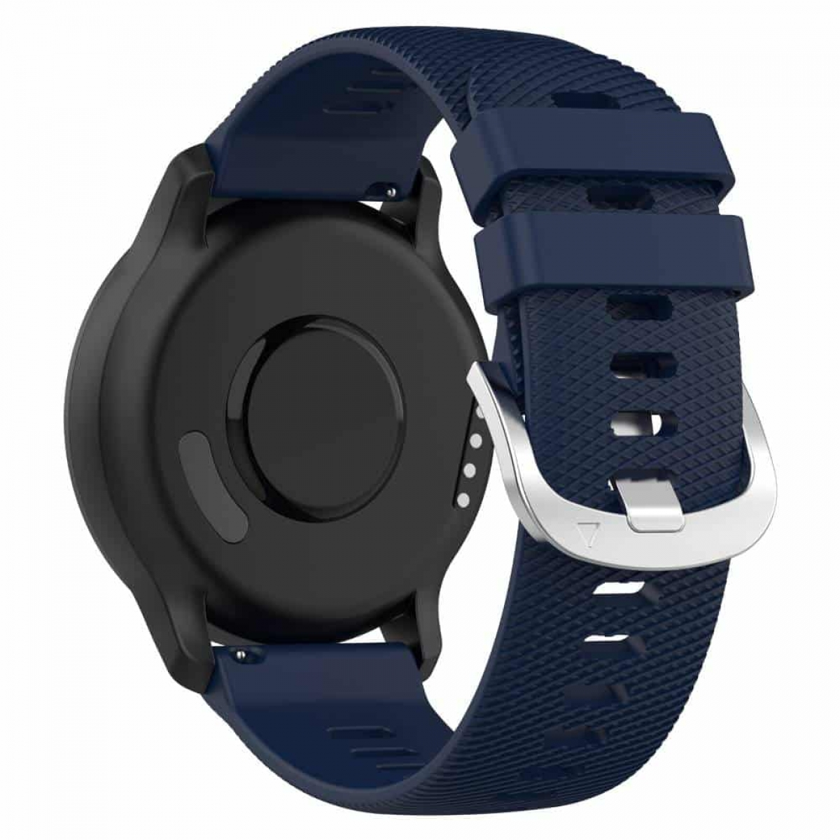 Smartwatch mit blauem Armband, Rückansicht mit Sensoren und Ladepunkten.