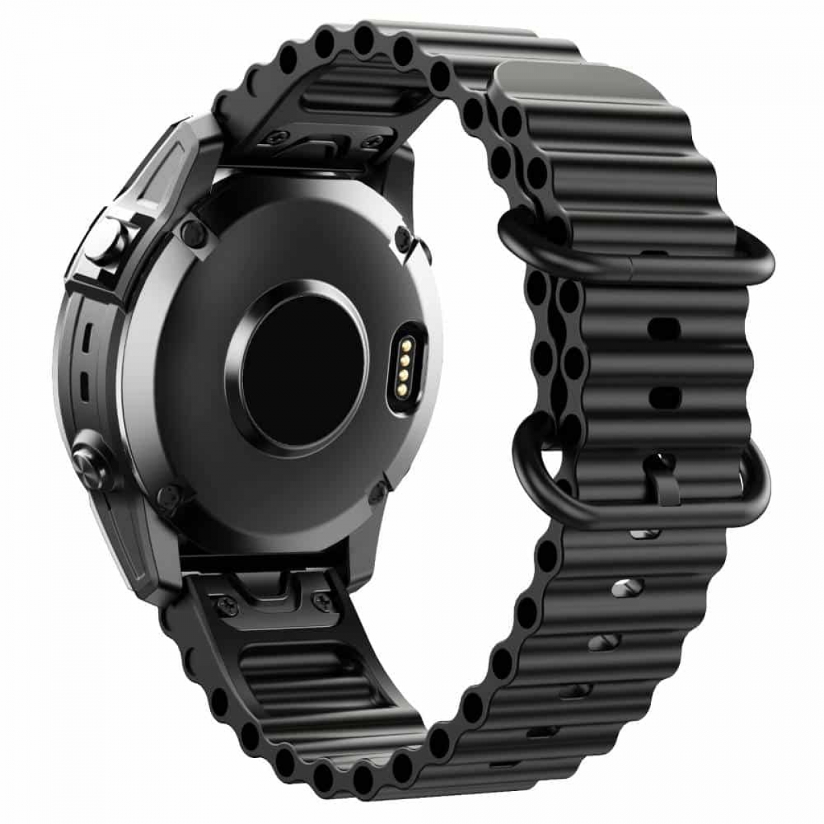 Schwarze Smartwatch und schwarzes Metallarmband. Das Band ist wellenförmig. Isoliert auf weißem Hintergrund, Draufsicht.