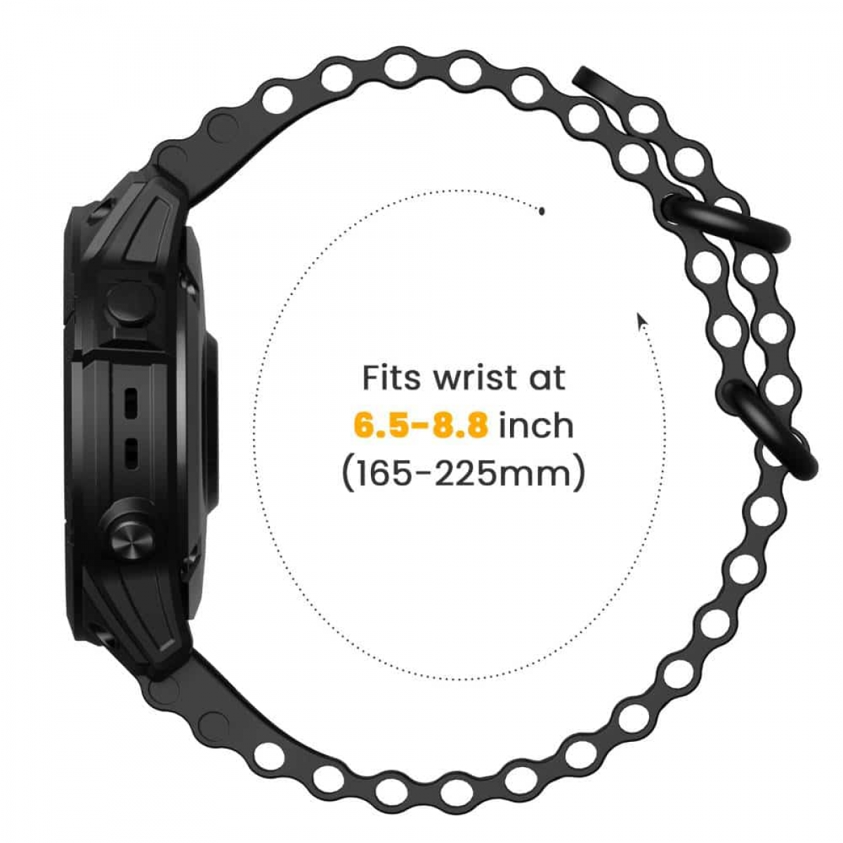 Schwarze Smartwatch mit schwarzem Armband. Der Text gibt an, dass die Uhr für Handgelenke von 6,5 bis 8,8 Zoll geeignet ist.