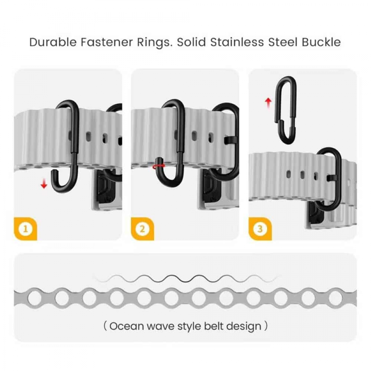 Diagramm der Uhrenarmbandmontage. Haken, Ringe und Riemendesign werden Schritt für Schritt gezeigt.