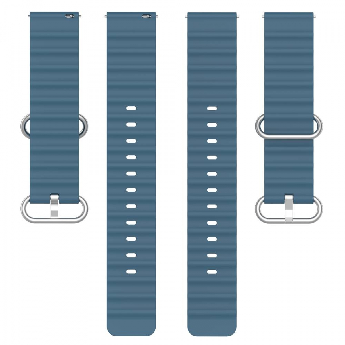Zwei Paar blaue Uhrenarmbänder mit silbernen Schnallen auf weißem Hintergrund.