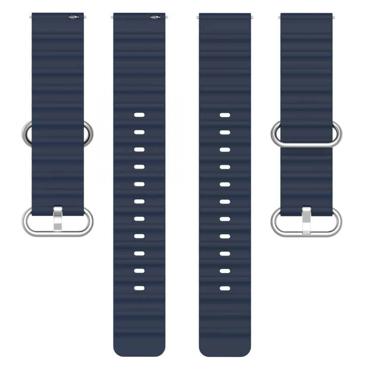 Vier marineblaue Uhrenarmbänder, gestreifte Textur mit Metallschnallen.