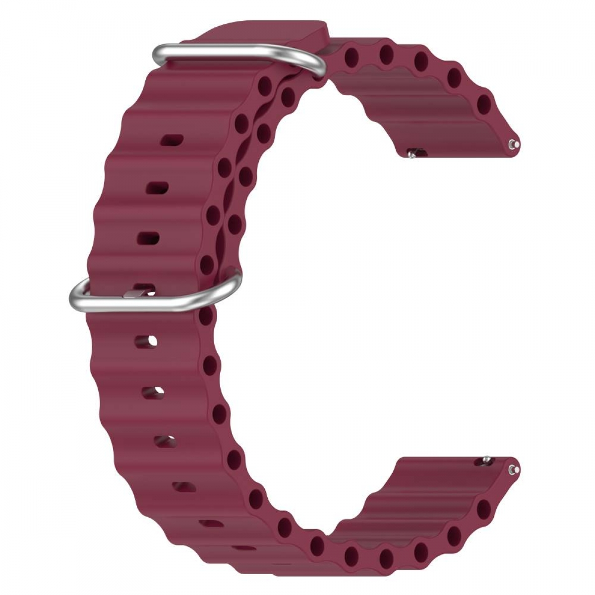 Burgunderfarbenes Armband mit wellenförmigem Design und Metallschlaufen. C-förmig gebogen.