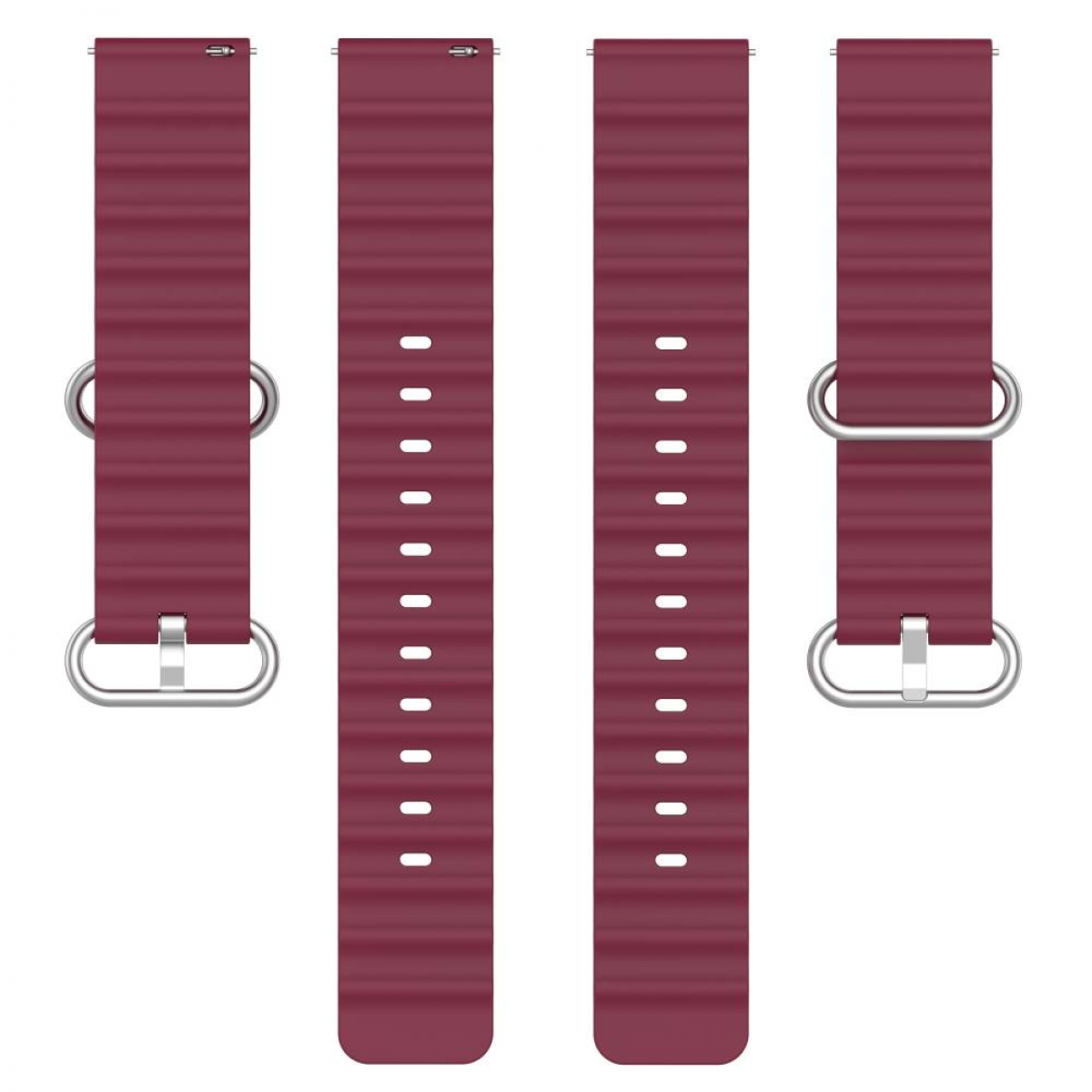 Vier weinrote Uhrenarmbänder mit silbernen Metallschlaufen und Stiftverschlüssen auf weißem Hintergrund.