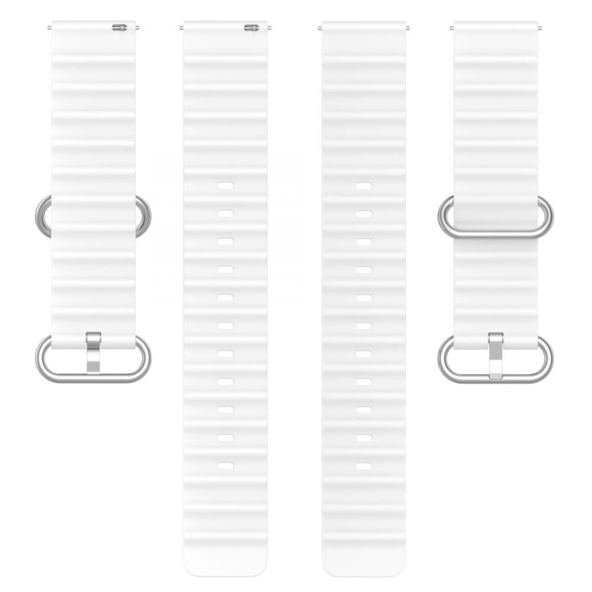 Zwei Paar weiße Uhrenarmbänder mit silbernen Schnallen, weißer Hintergrund.