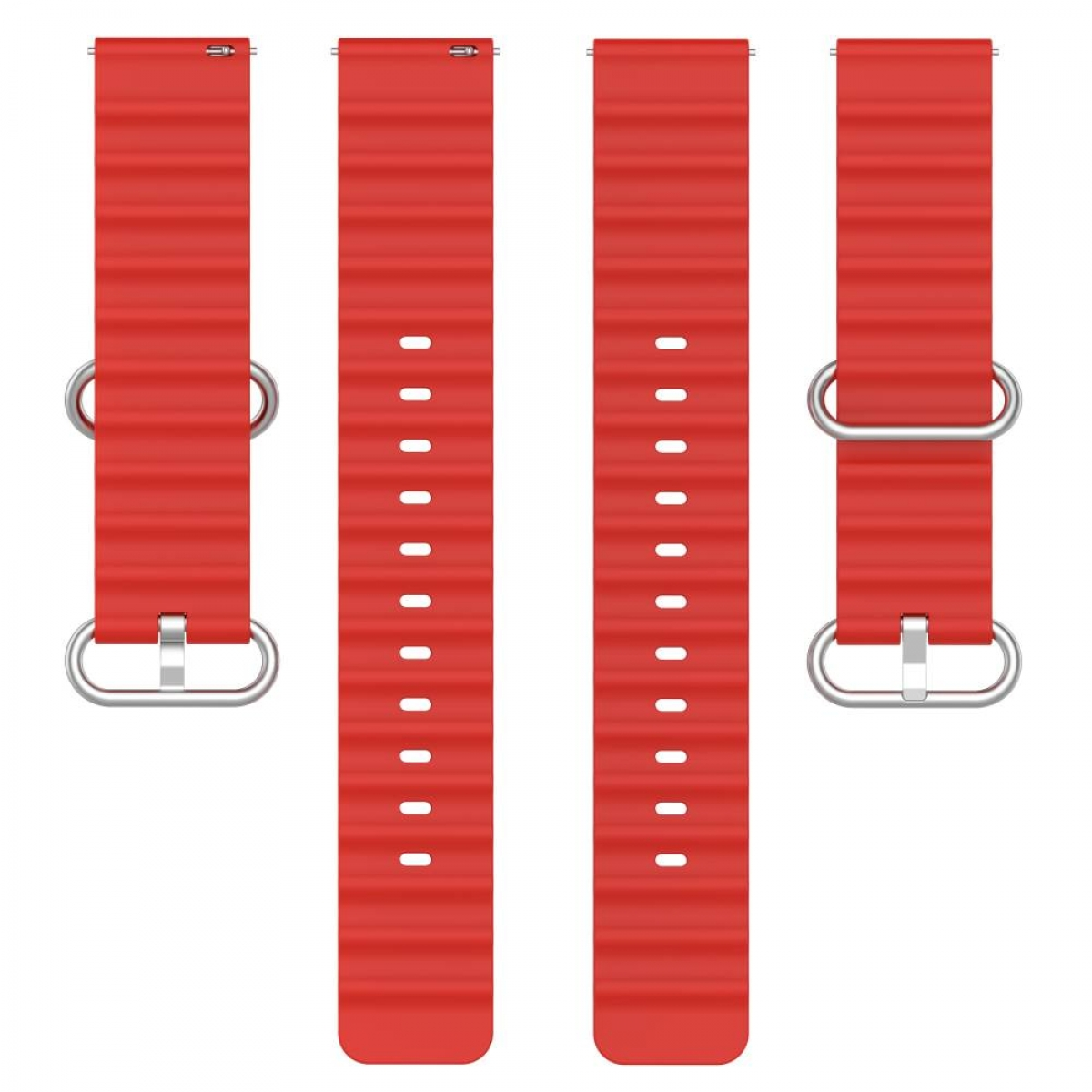 Vier rote Uhrenarmbänder mit Metallverschlüssen und Löchern. Weißer Hintergrund.