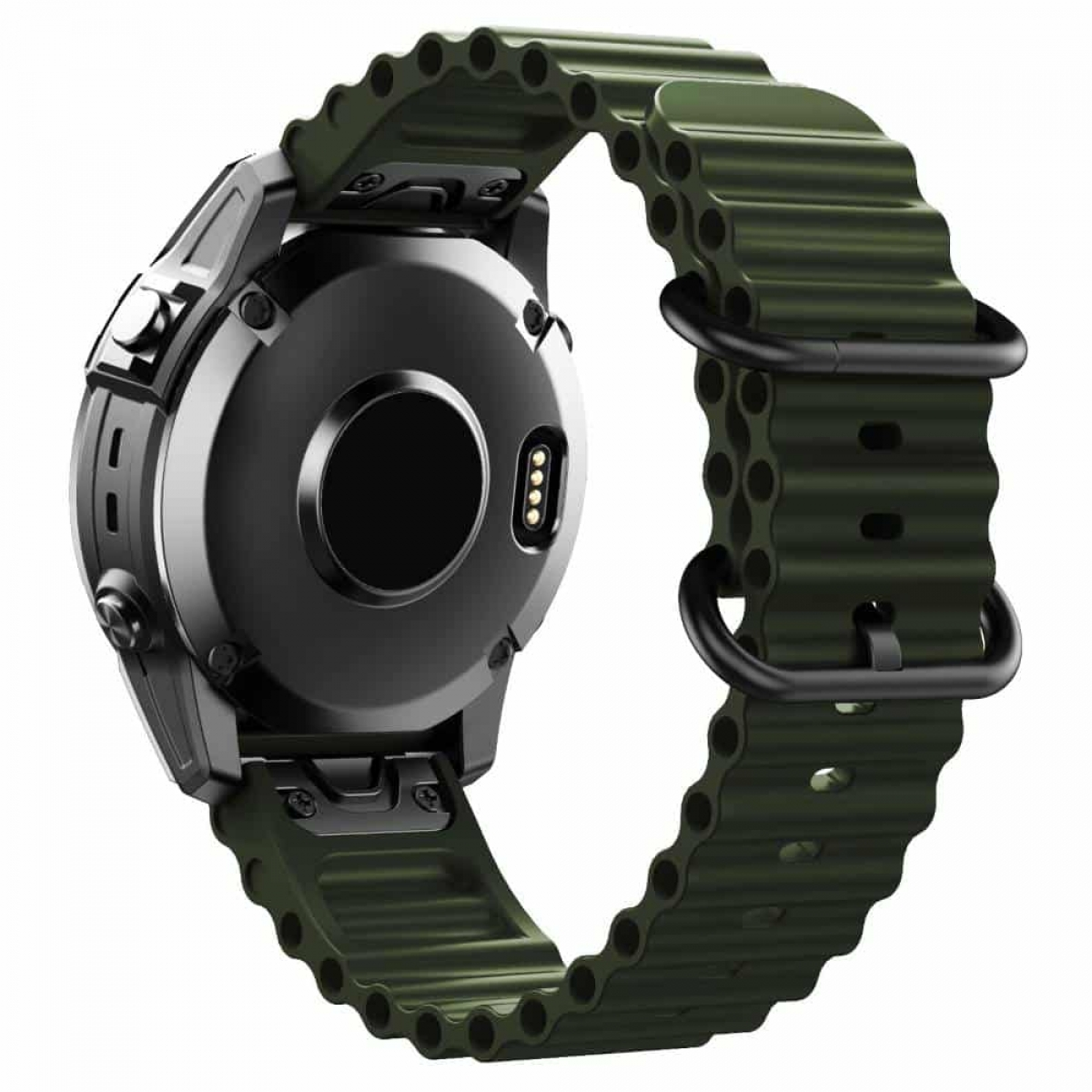 Schwarze Smartwatch, Unteransicht. Grünes, strukturiertes Uhrenarmband mit schwarzen Verschlüssen.