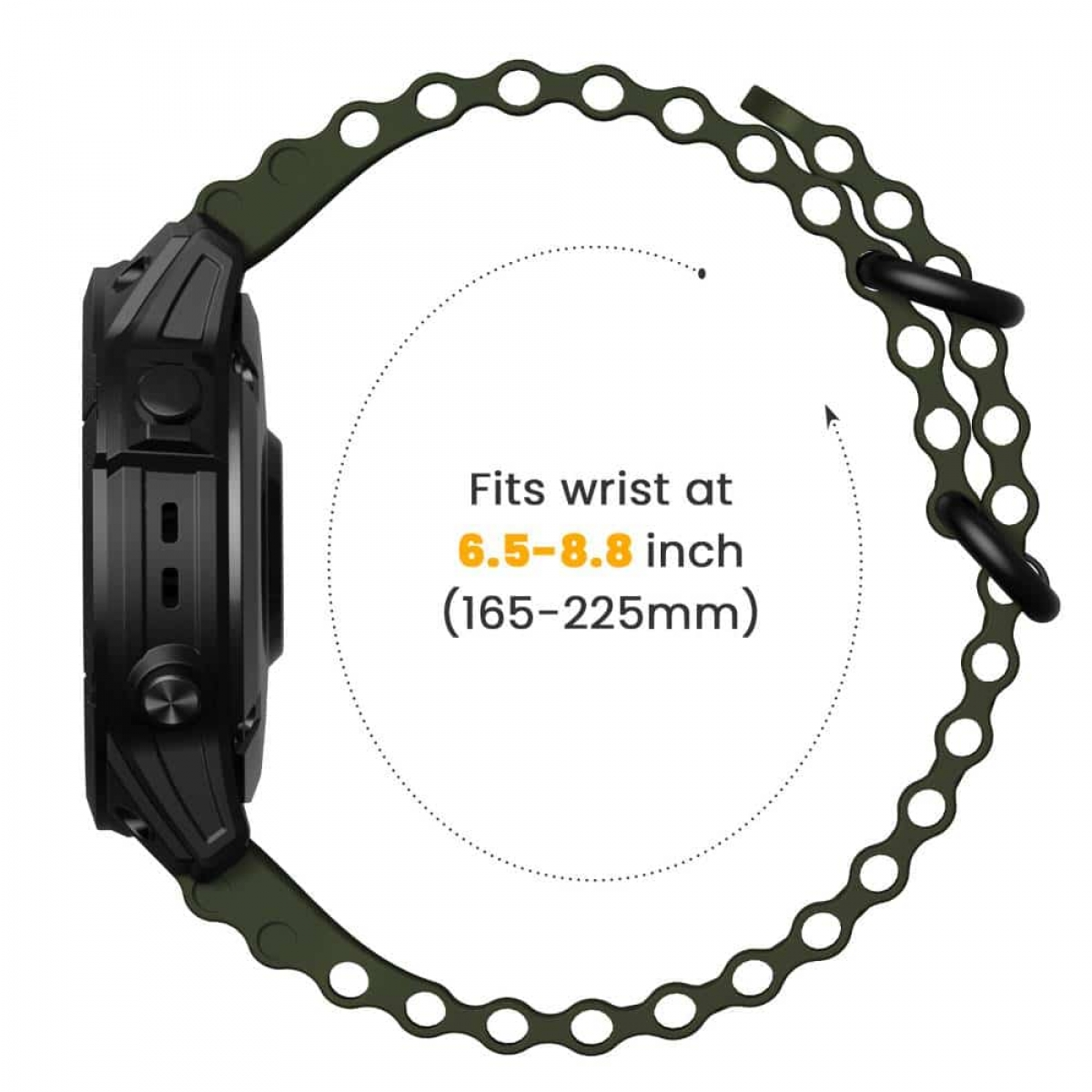 Schwarze Smartwatch mit grünem Armband. Text hebt die Handgelenkgröße hervor.