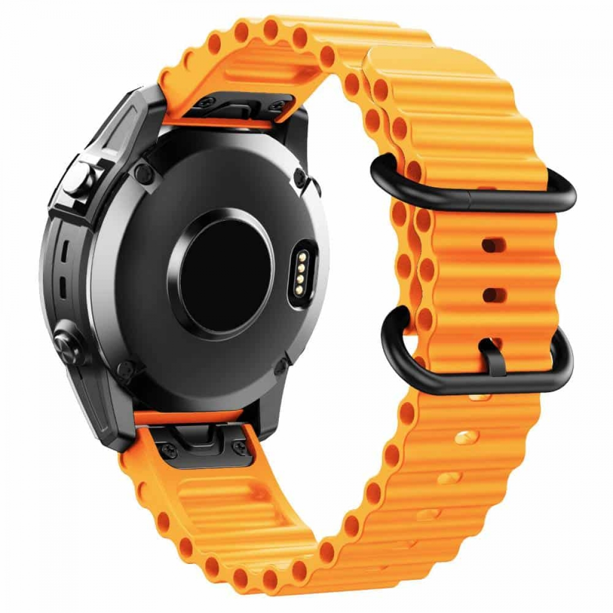 Eine schwarze Smartwatch mit orangefarbenem Armband. Das Armband hat ein wellenartiges Design.