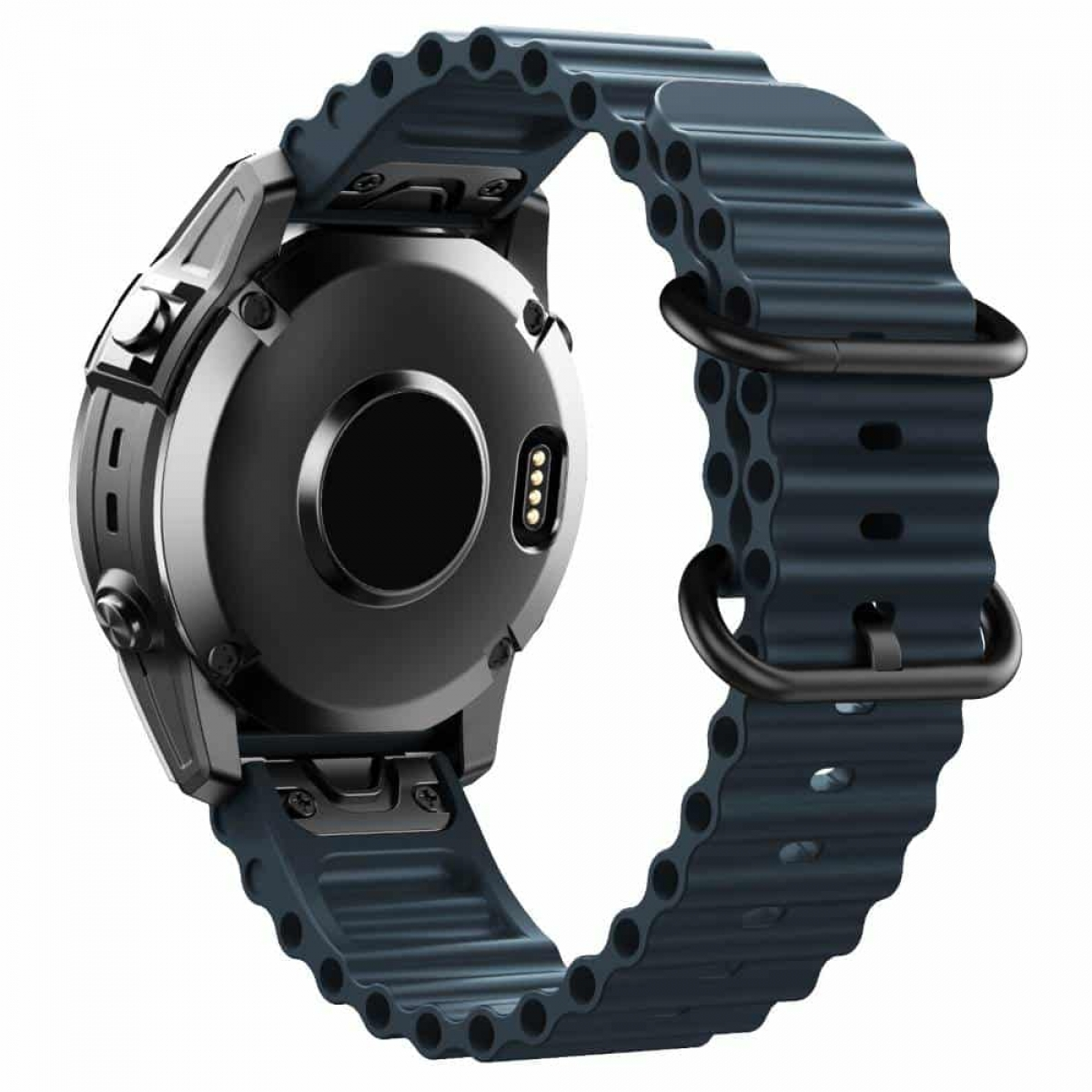 Eine Uhr mit blauem Armband, schwarzer Lünette und schwarzem Zifferblatt. Sichtbare Rückseite.