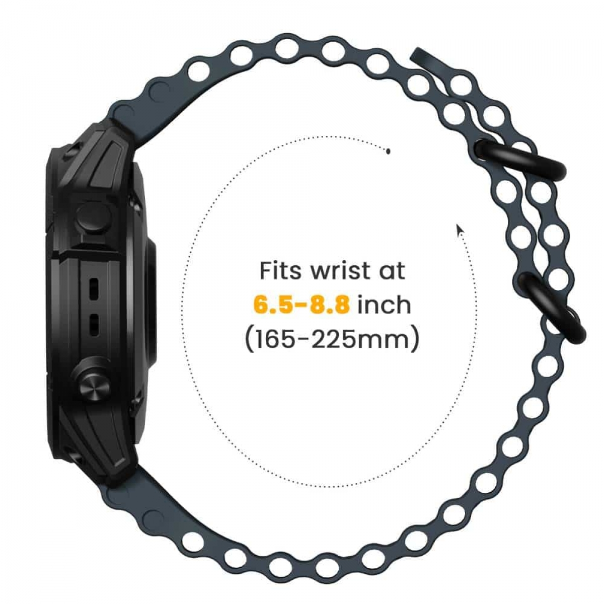 Schwarze Smartwatch mit Armband, passend für Handgelenke von 6,5-8,8 Zoll. Text zeigt die Handgelenkgröße.