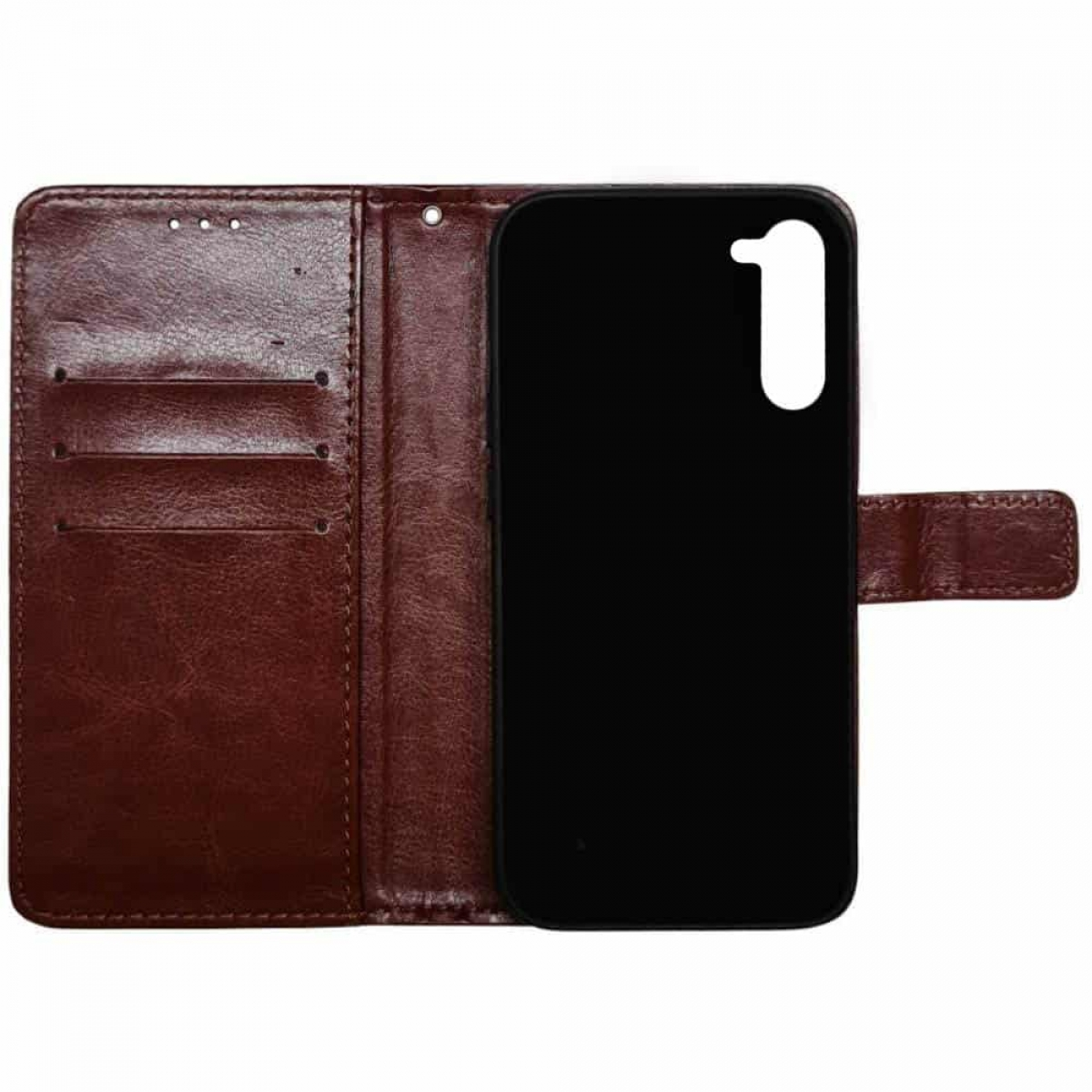Geöffnete braune Leder-Handyhülle mit einem schwarzen Telefon darin.