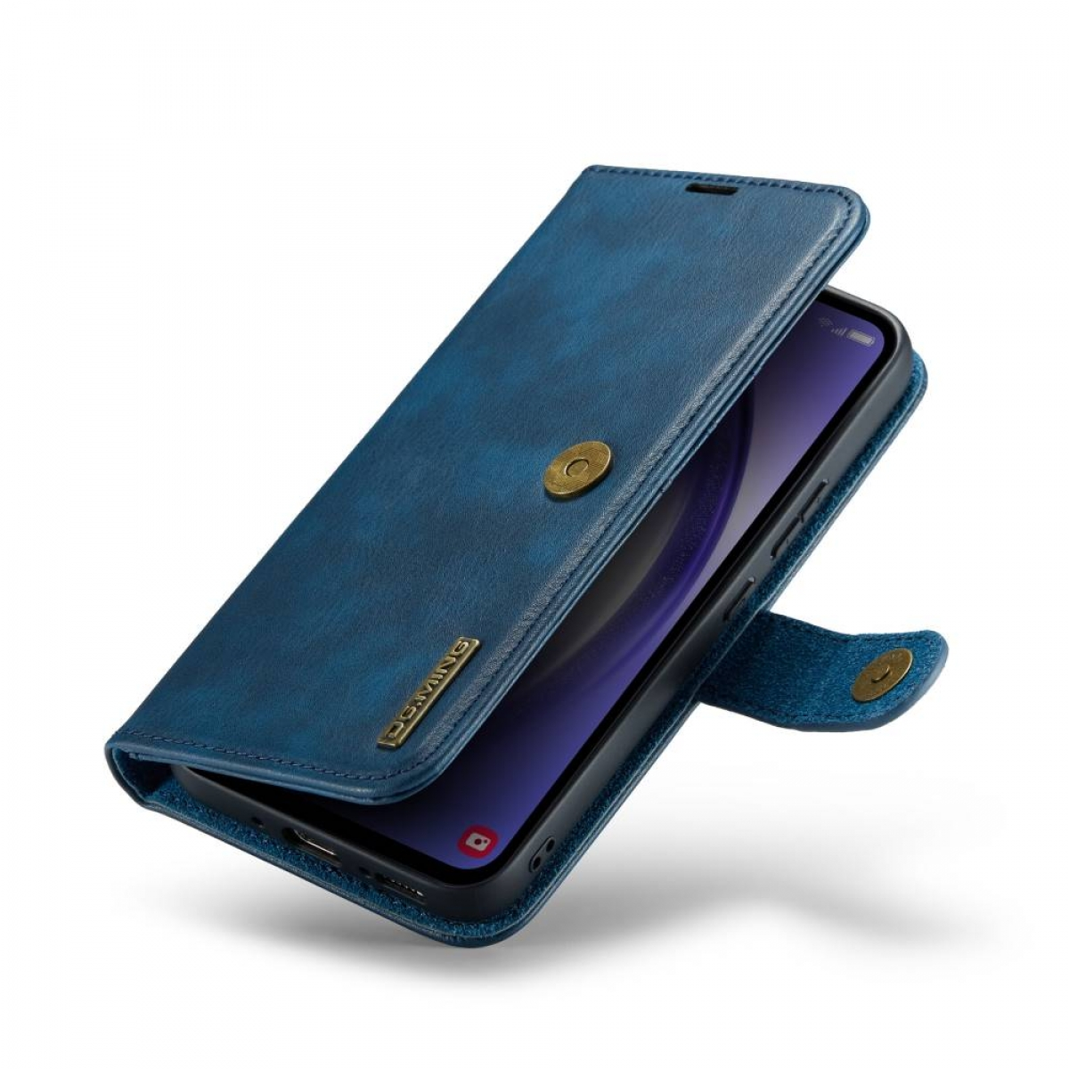 Eine blaue Handyhülle mit Magnetverschluss ist geöffnet und zeigt einen Telefonbildschirm.