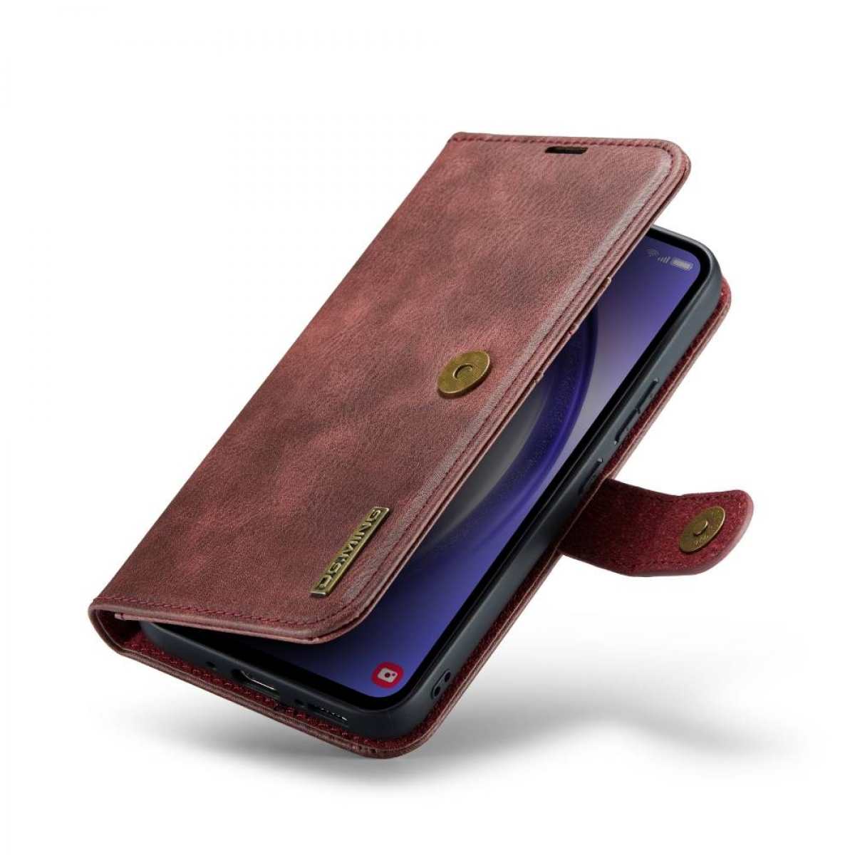 Geöffnete rote Leder-Handyhülle mit Telefon, zeigt Bildschirm und Verschluss.