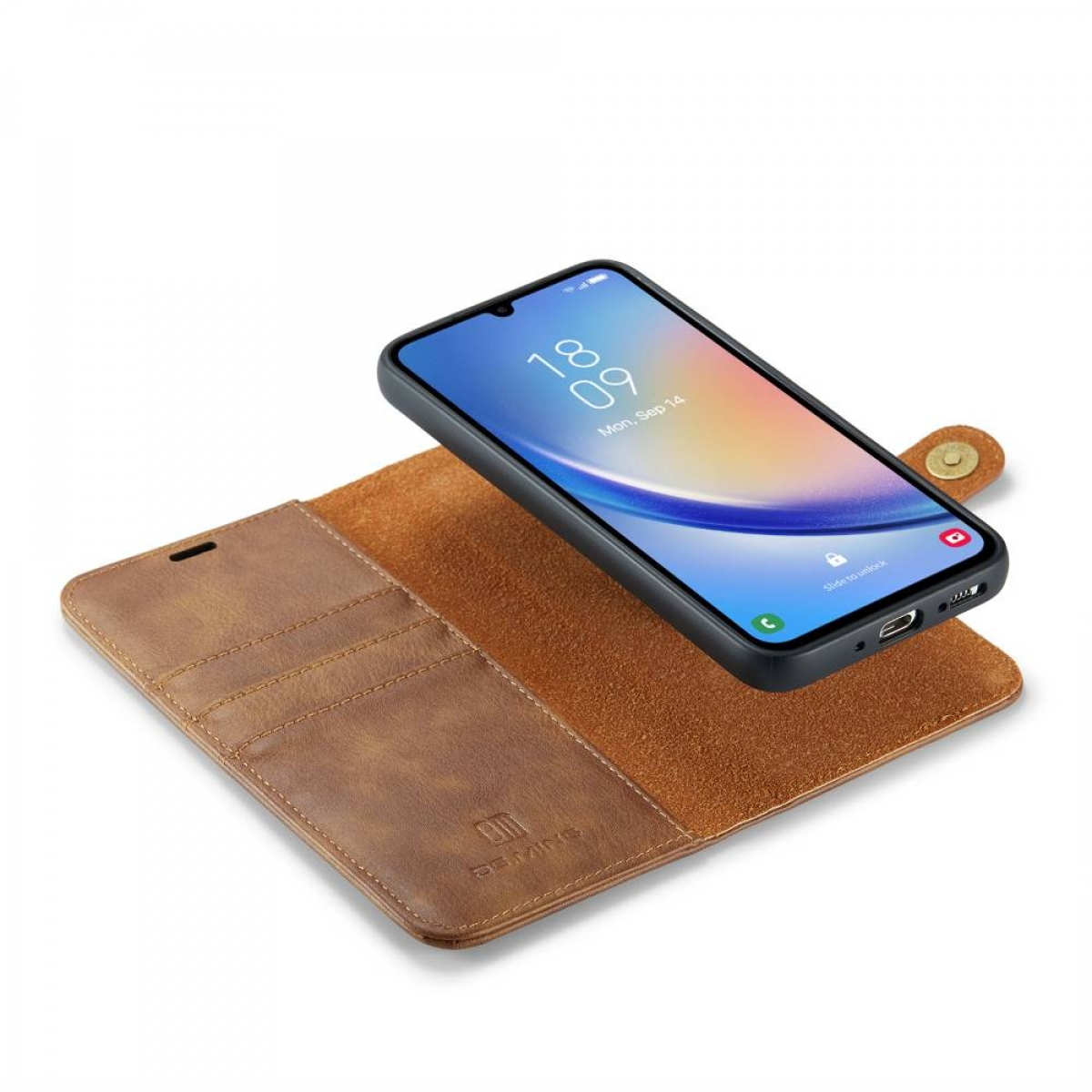 Braune Handyhülle mit einem Telefon darin. Die Hülle ist offen und zeigt den Bildschirm des Telefons.