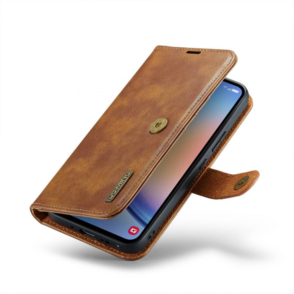 Braune Leder-Handyhülle, offen, zeigt ein Telefon. Knopfverschluss ist sichtbar.