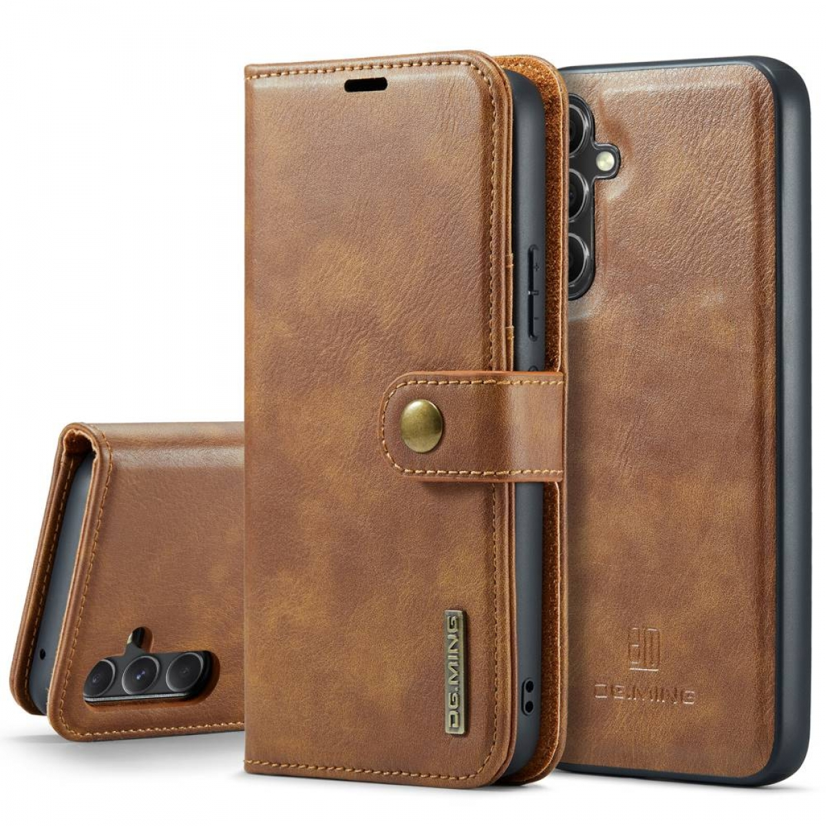 Braune Handytasche mit Telefon. Die Tasche ist geschlossen. Es gibt drei Taschen.