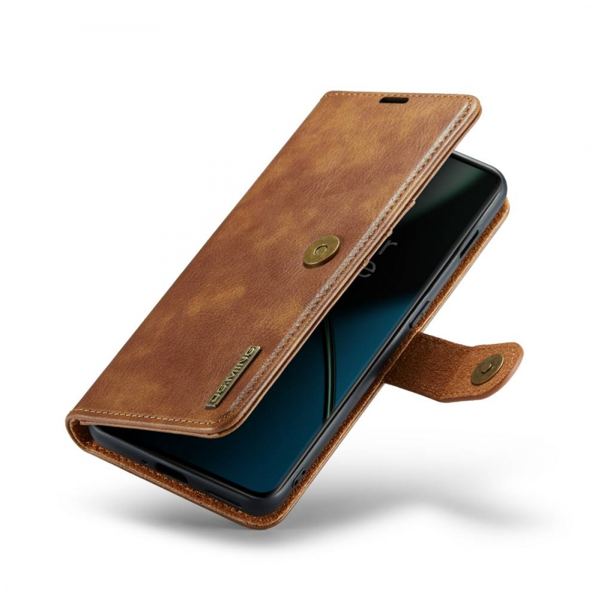 Eine braune Leder-Handyhülle, geöffnet, zeigt das Telefon im Inneren.