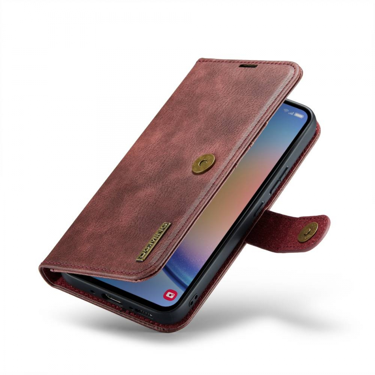 Rotbraune Handyhülle, geöffnet. Zeigt ein Smartphone im Inneren. Weißer Hintergrund.