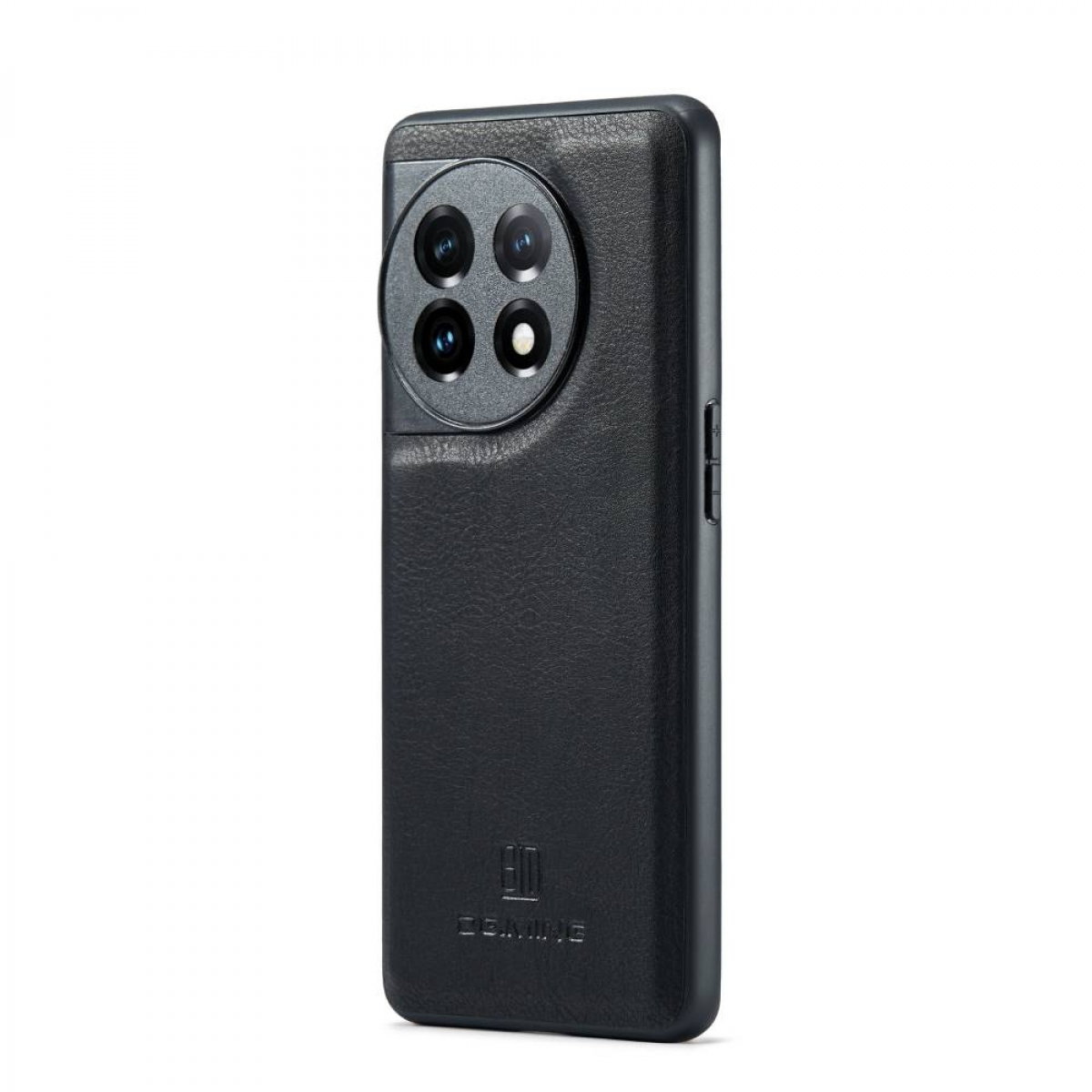 Schwarzes Telefon mit lederartiger Textur. Das Telefon hat mehrere Kameras.