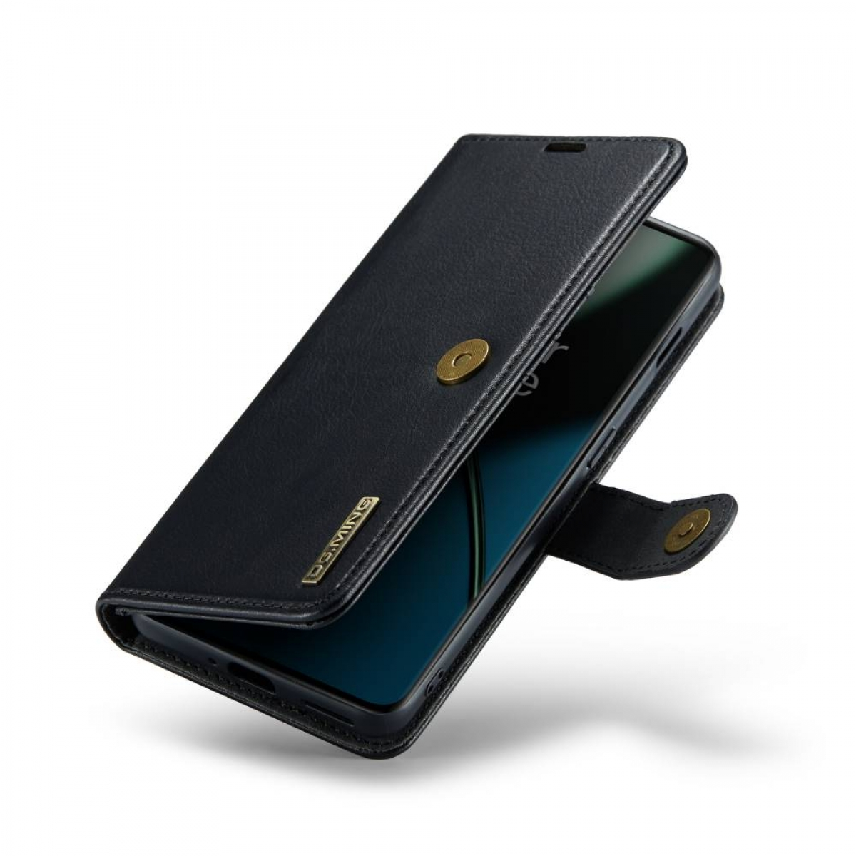 Geöffnete schwarze Leder-Handyhülle, die das Telefon im Inneren zeigt.