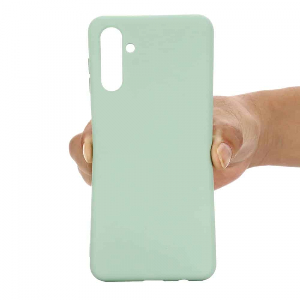 Eine Hand hält eine mintgrüne Handyhülle mit einem Kamera Loch.