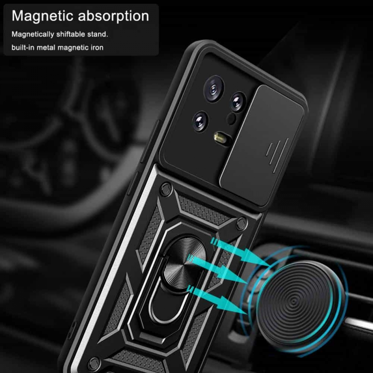 Schwarze Handyhülle auf dem Armaturenbrett eines Autos. Magnetische Halterung und Pfeile zeigen die Verbindung.