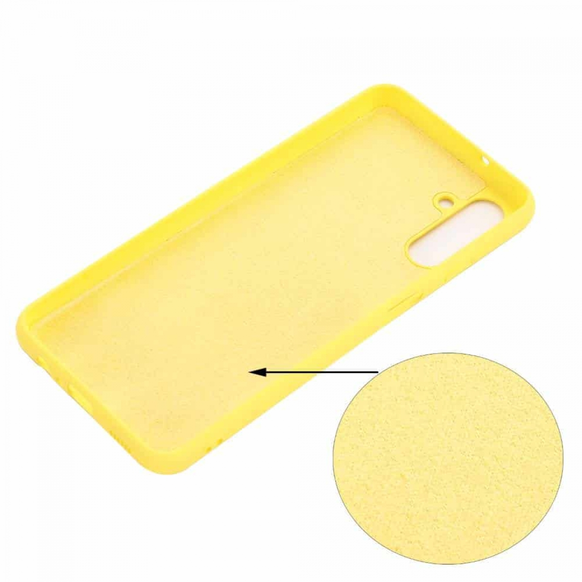 Eine gelbe Handyhülle mit Nahaufnahme, die die Textur des Materials zeigt.