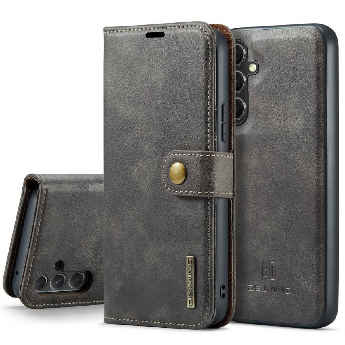 Eine graue Handyhülle mit Knopf. Das Telefon ist geschlossen. Mehrere Hüllen im Hintergrund.