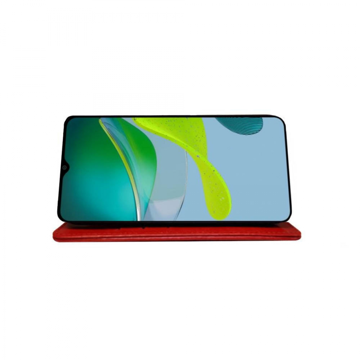 Smartphone auf einem roten Ständer, der ein farbenfrohes abstraktes Bild anzeigt.