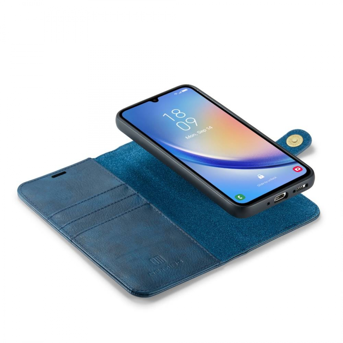 Ein Telefon in einer blauen Brieftaschentasche mit Kartenfach und Geld.