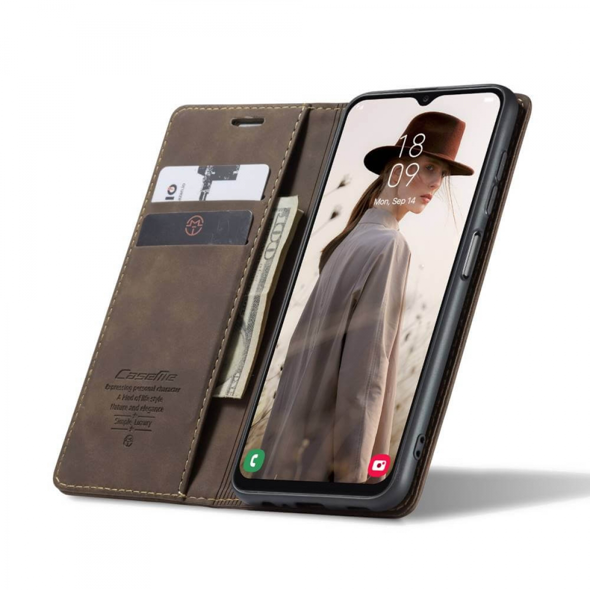 Braune Handyhülle mit Telefon. Die Hülle ist offen. Sie hat Karten- und Geldschlitze.