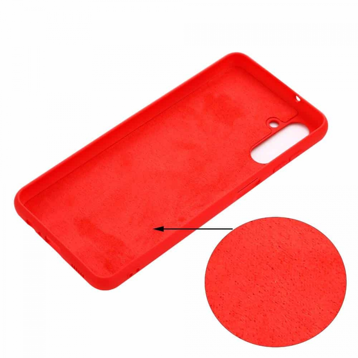 Rote Handyhülle mit rauer Textur, Detailaufnahme zeigt Nahaufnahme der strukturierten Oberfläche.