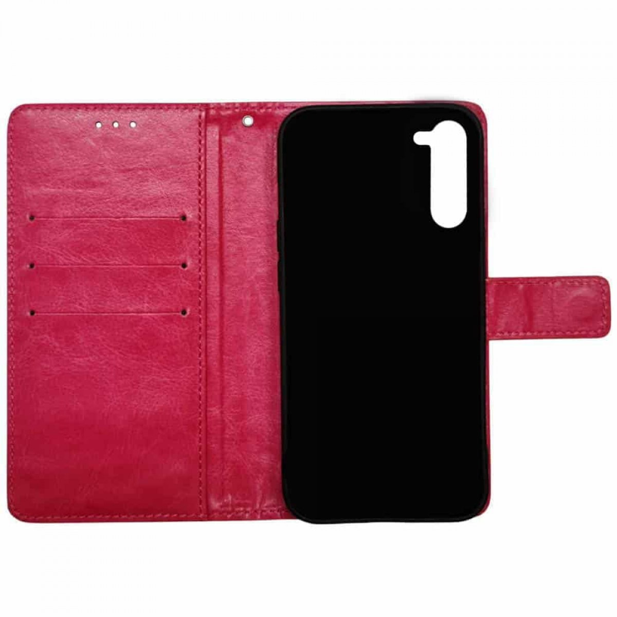 Eine rote Handyhülle ist geöffnet und gibt ein schwarzes Telefon frei. Es ist auf weißem Hintergrund.