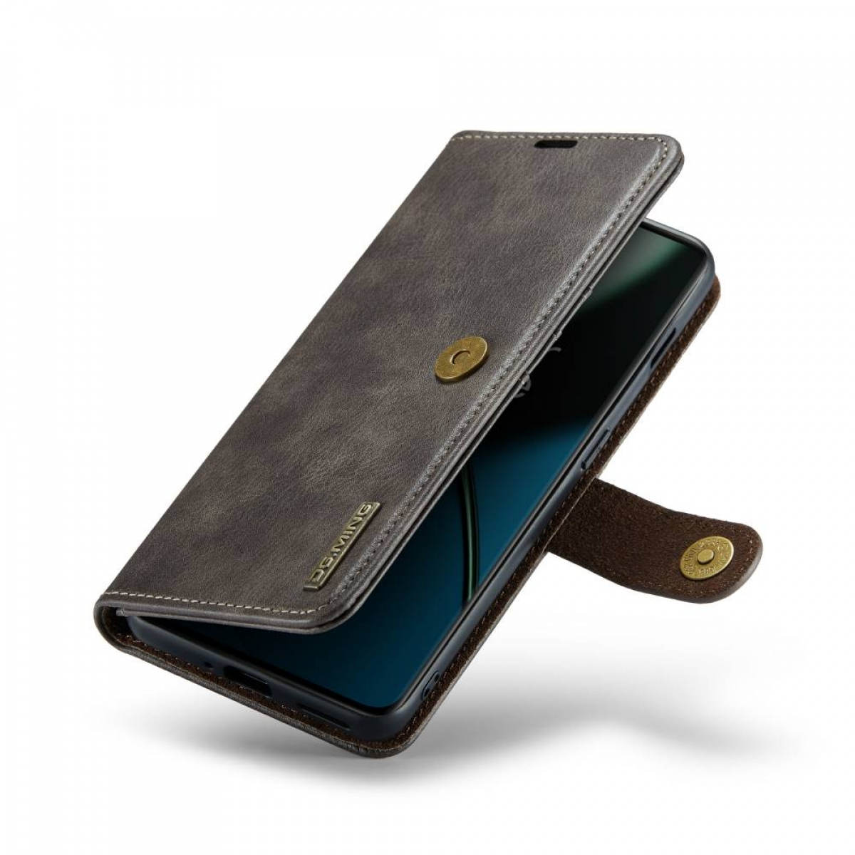 Eine graue Leder-Handyhülle mit Knopfverschluss, die das Telefon und seinen Bildschirm zeigt.