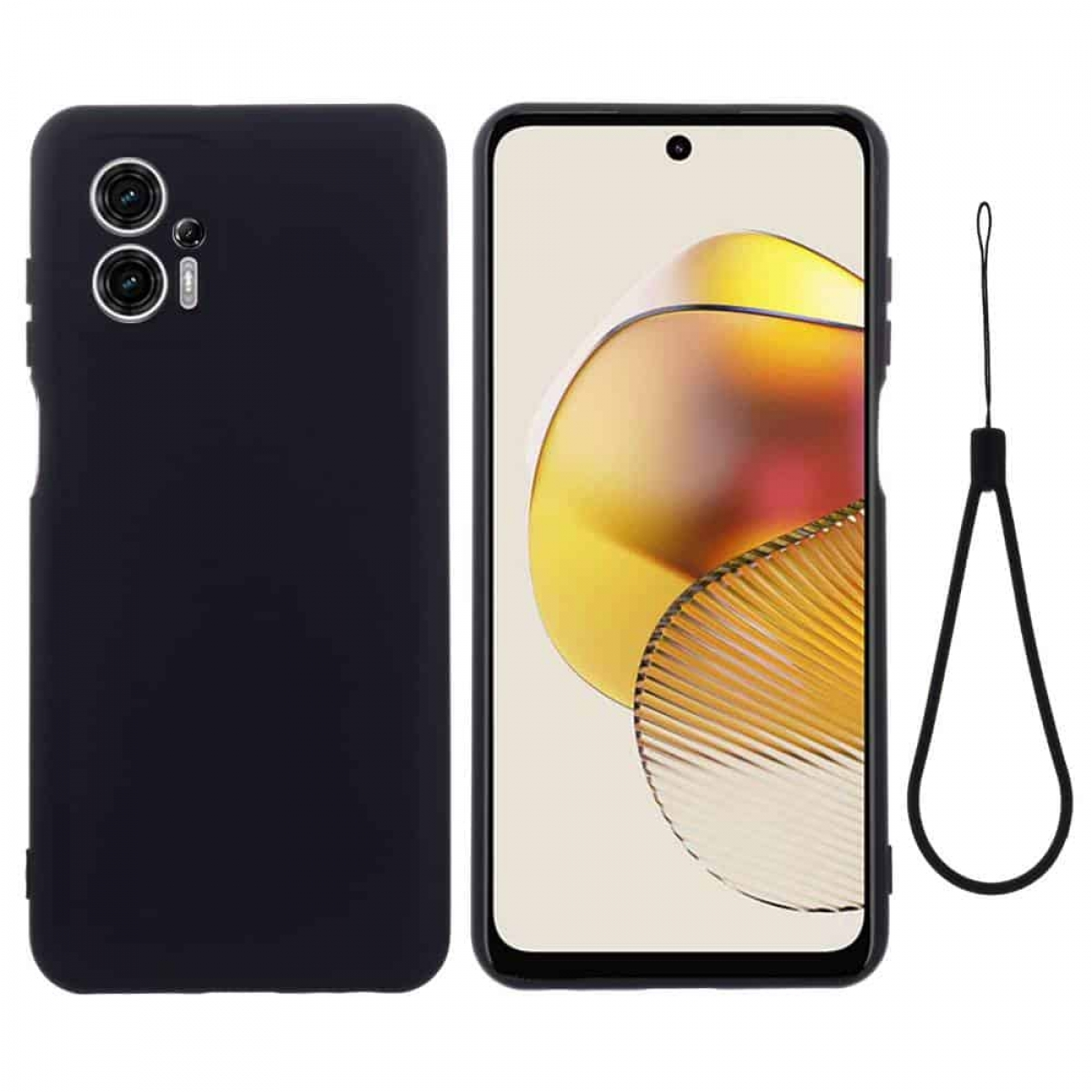 Zwei Mobiltelefone. Eine schwarze Handyhülle, Telefon mit Bildschirm und ein schwarzer Riemen.