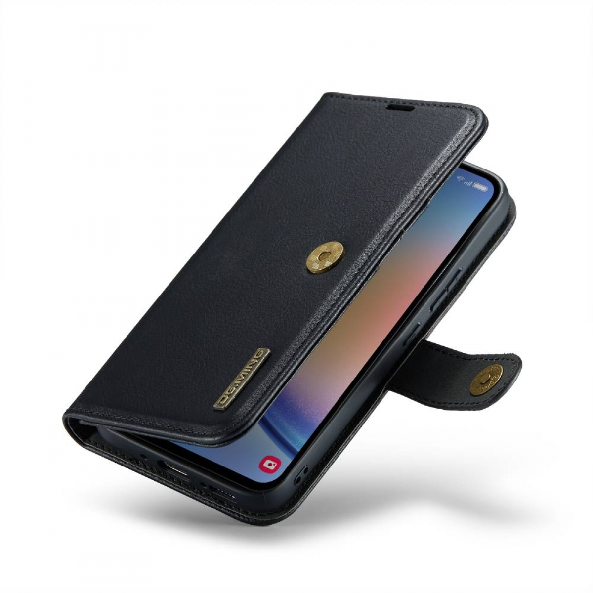 Schwarze Leder-Handyhülle, geschlossen, mit einem Telefon darin. Zeigt ein Telefon mit Knopf an der Seite.
