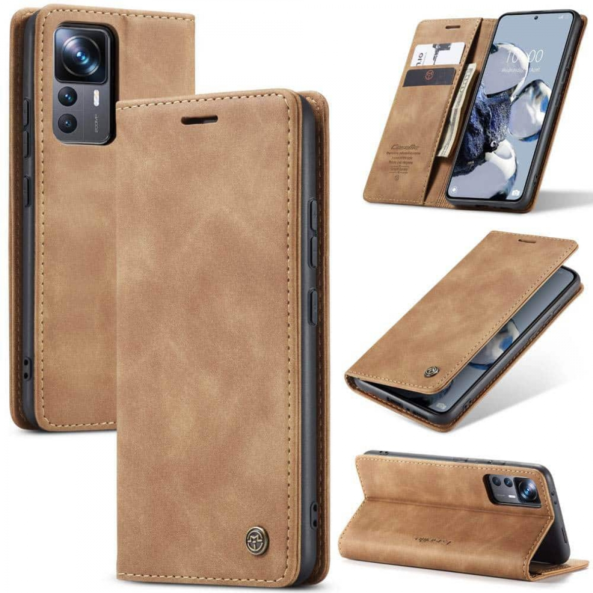 Verschiedene Ansichten einer braunen Leder-Handyhülle. Die Hülle wird geöffnet und geschlossen mit dem Telefon im Inneren gezeigt.