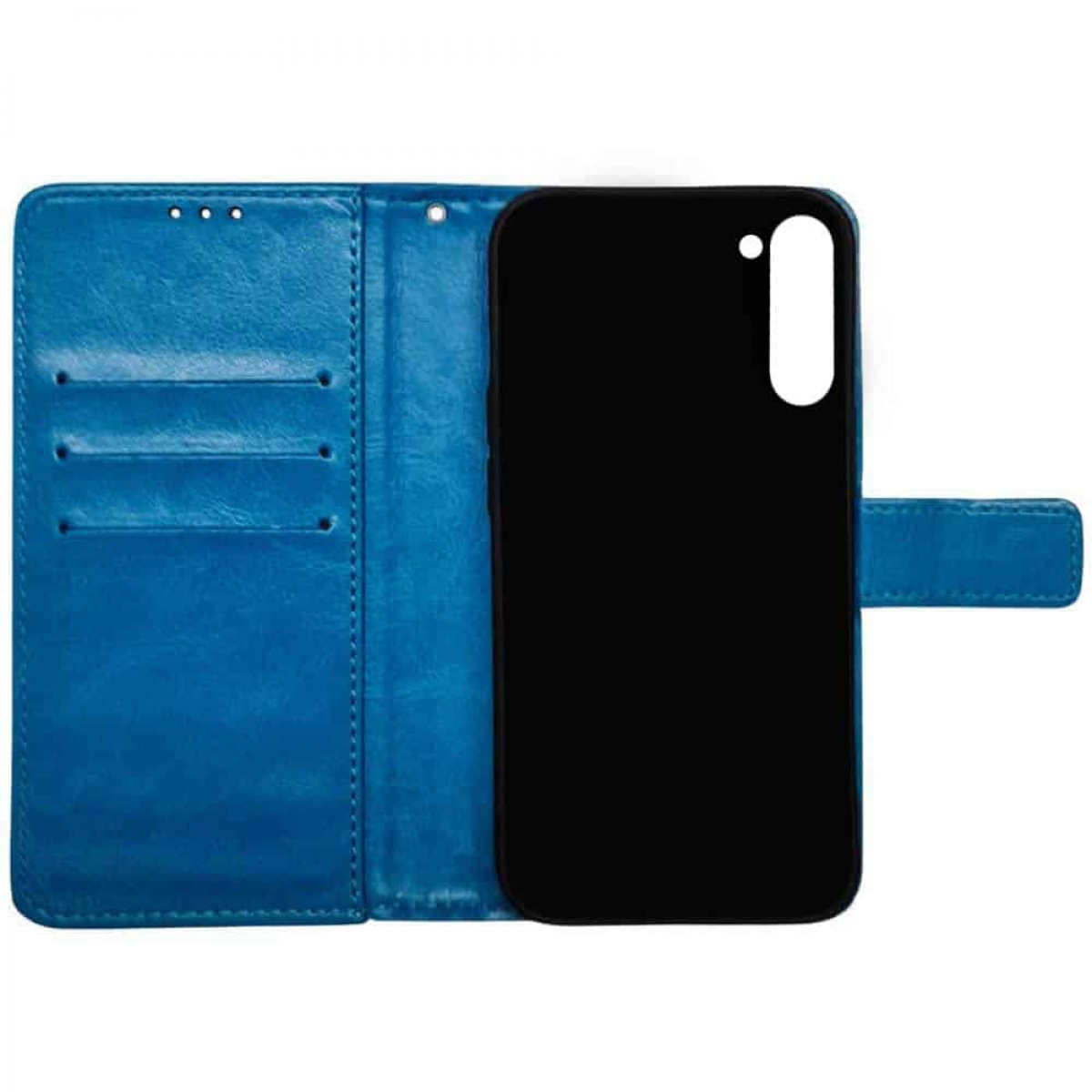 Blau-schwarze Handyhülle. Blaues Innere, schwarzes Äußere. Das Telefon befindet sich in der Hülle.