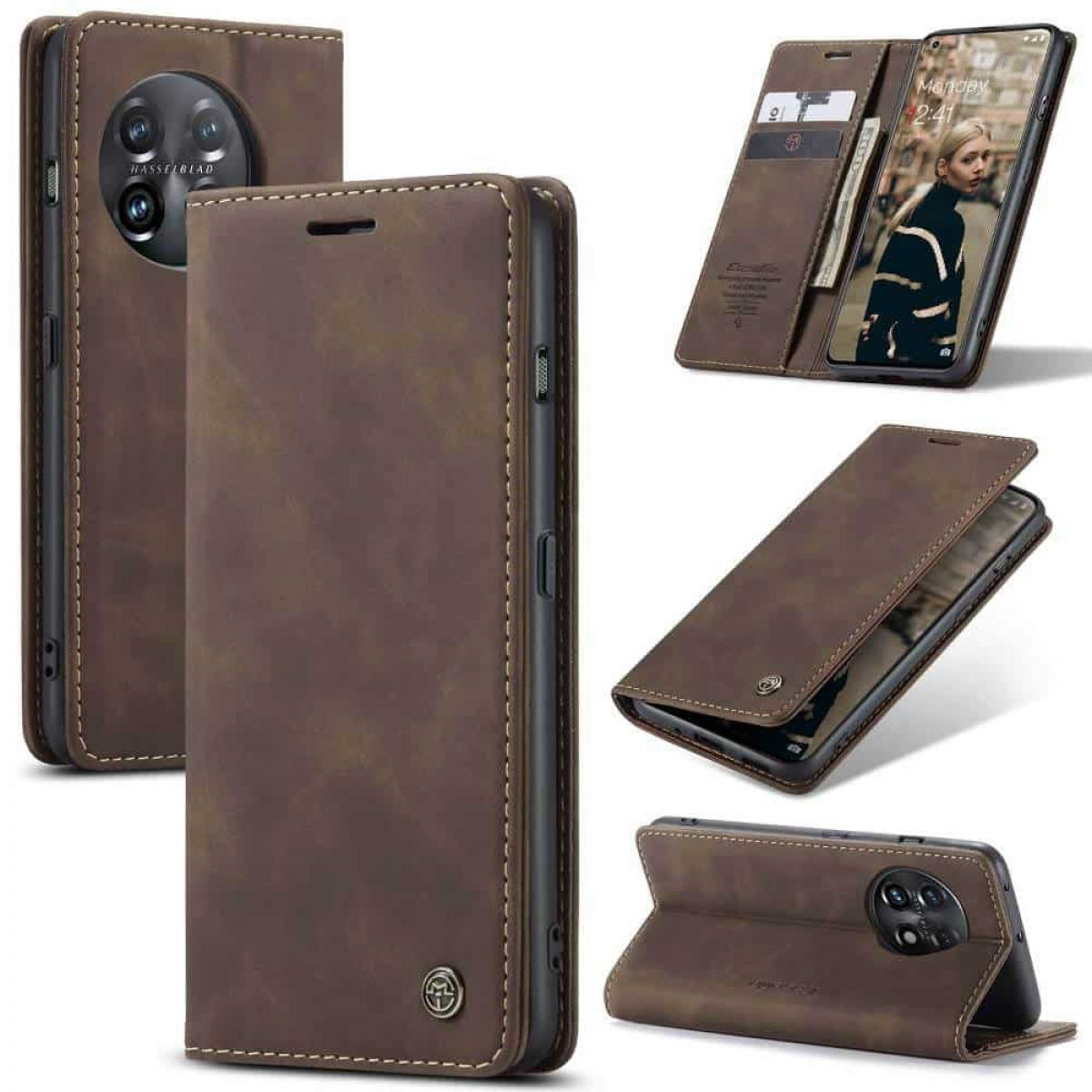 Braune Leder-Handyhülle mit mehreren Ansichten. Sie zeigt ein Telefon mit Kartenfächern und einem Ständer.