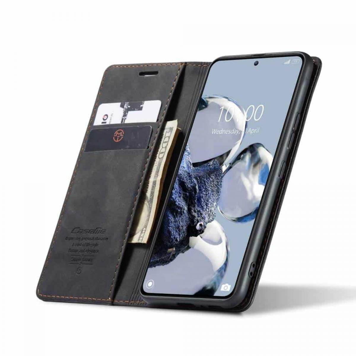 Schwarzes Telefon in einem offenen dunkelgrauen Lederetui mit Kartenfächern und einem Schein.