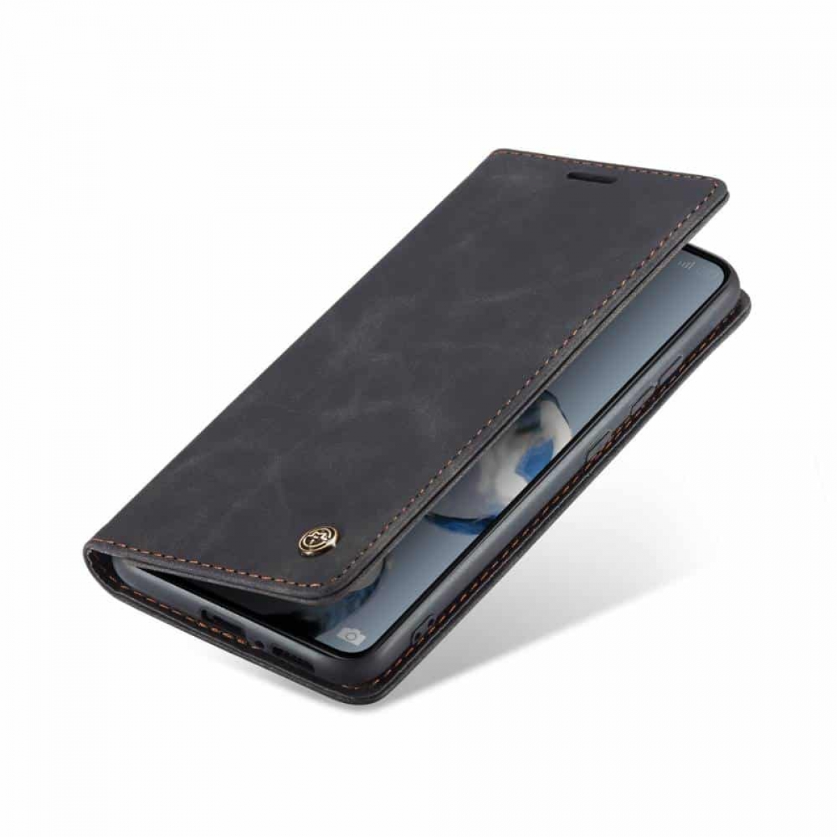 Dunkelgraue Leder-Handyhülle mit Telefon darin. Etui ist offen. Braune Nähte an den Kanten.