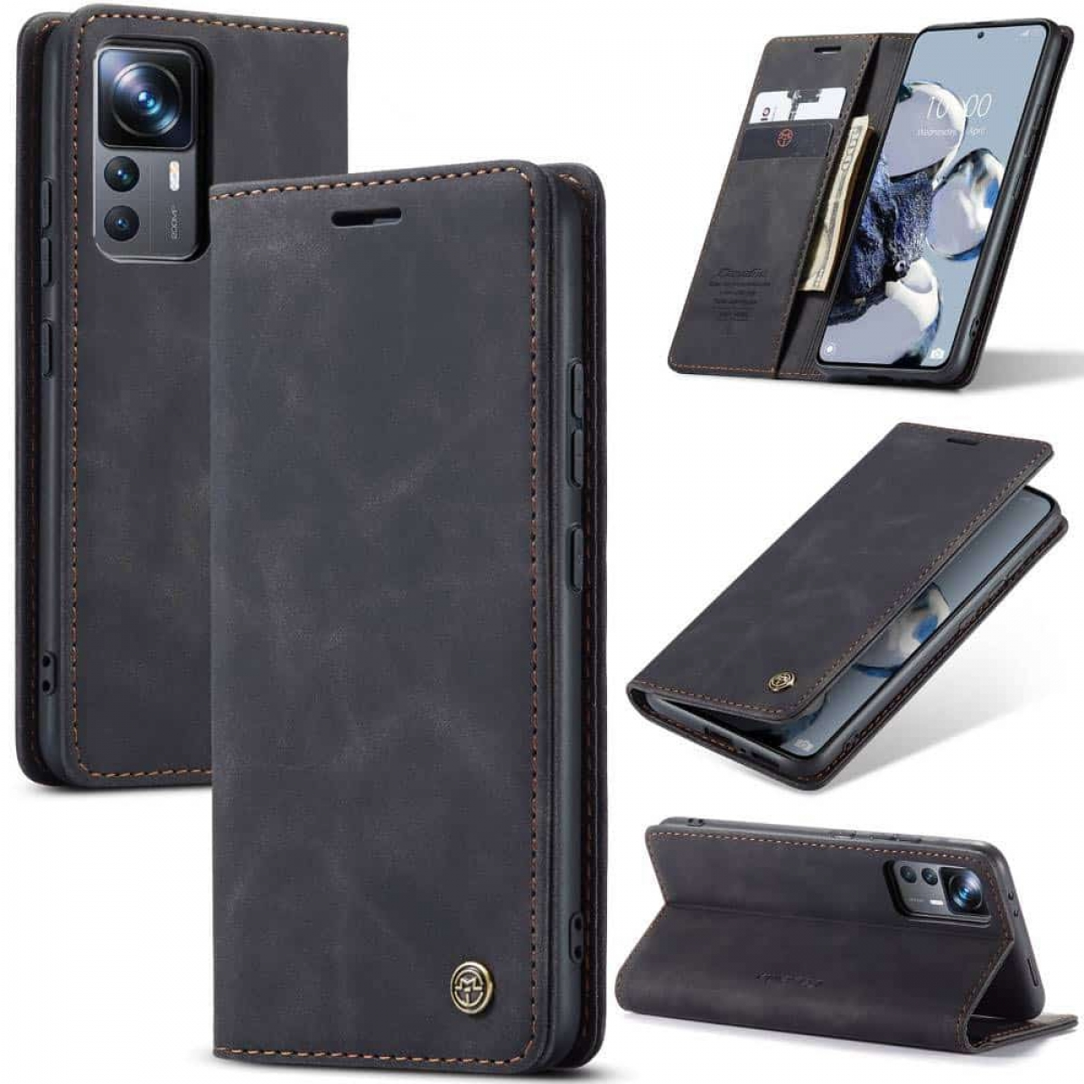 Bildersatz, der eine schwarze Handyhülle mit braunen Nähten und ein Telefon darin zeigt.