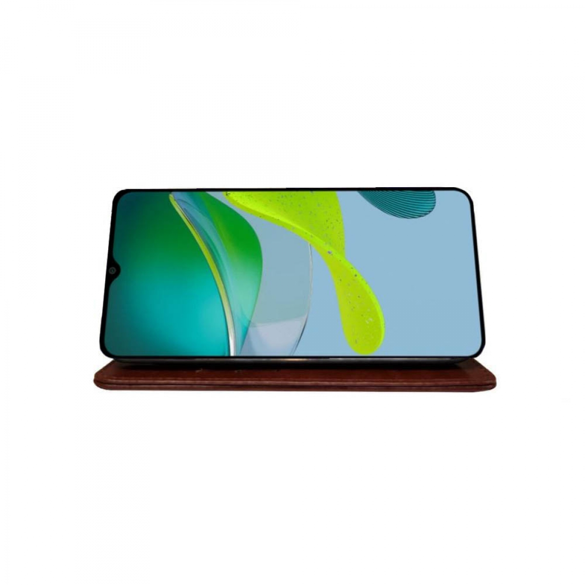 Telefon auf braunem Ständer, Bildschirm zeigt abstraktes grünes und blaues Design. Weißer Hintergrund.