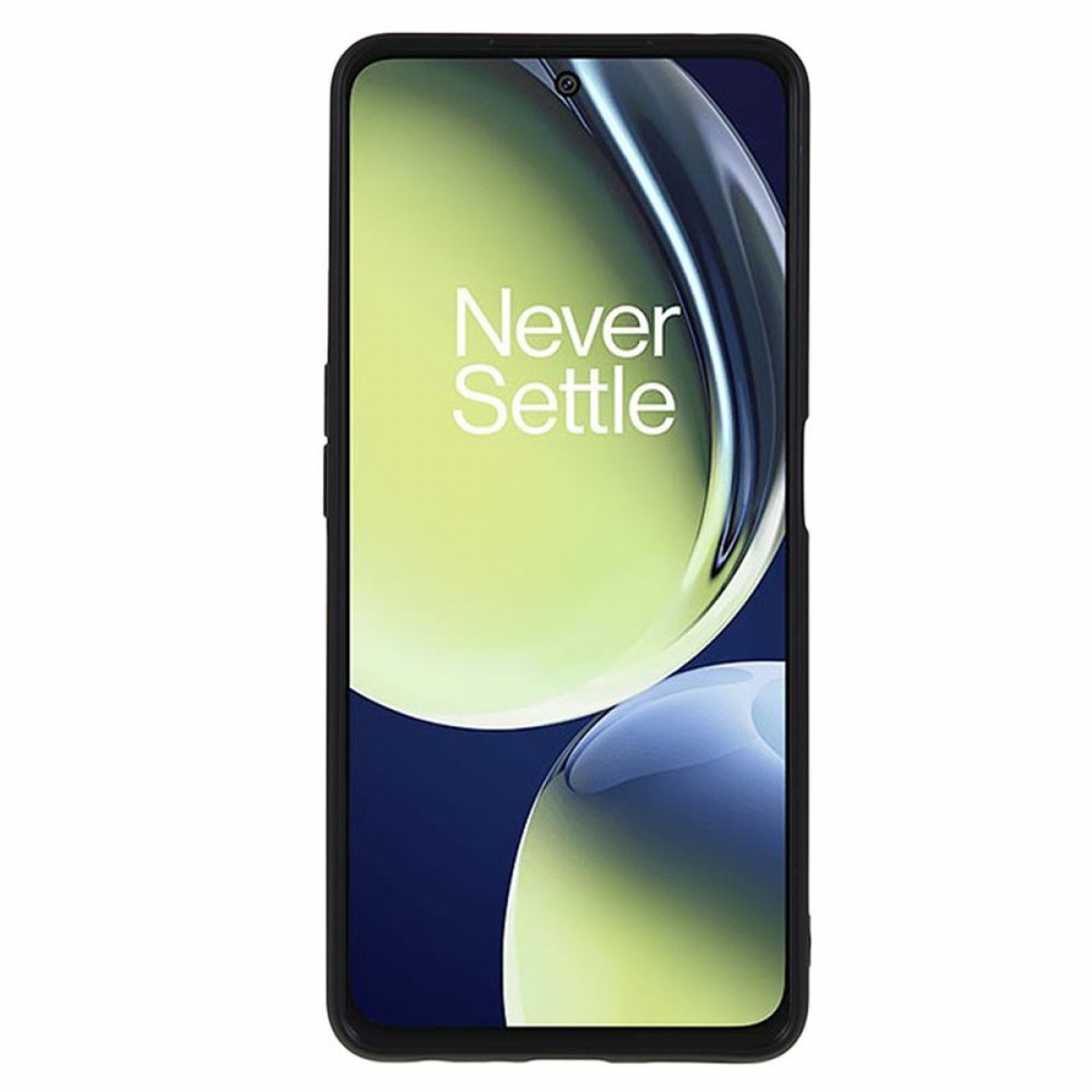 Ein Telefon mit schwarzem Rahmen und dem Text 'Never Settle' auf dem Bildschirm. Der Hintergrund hat einen grünen Farbverlauf.