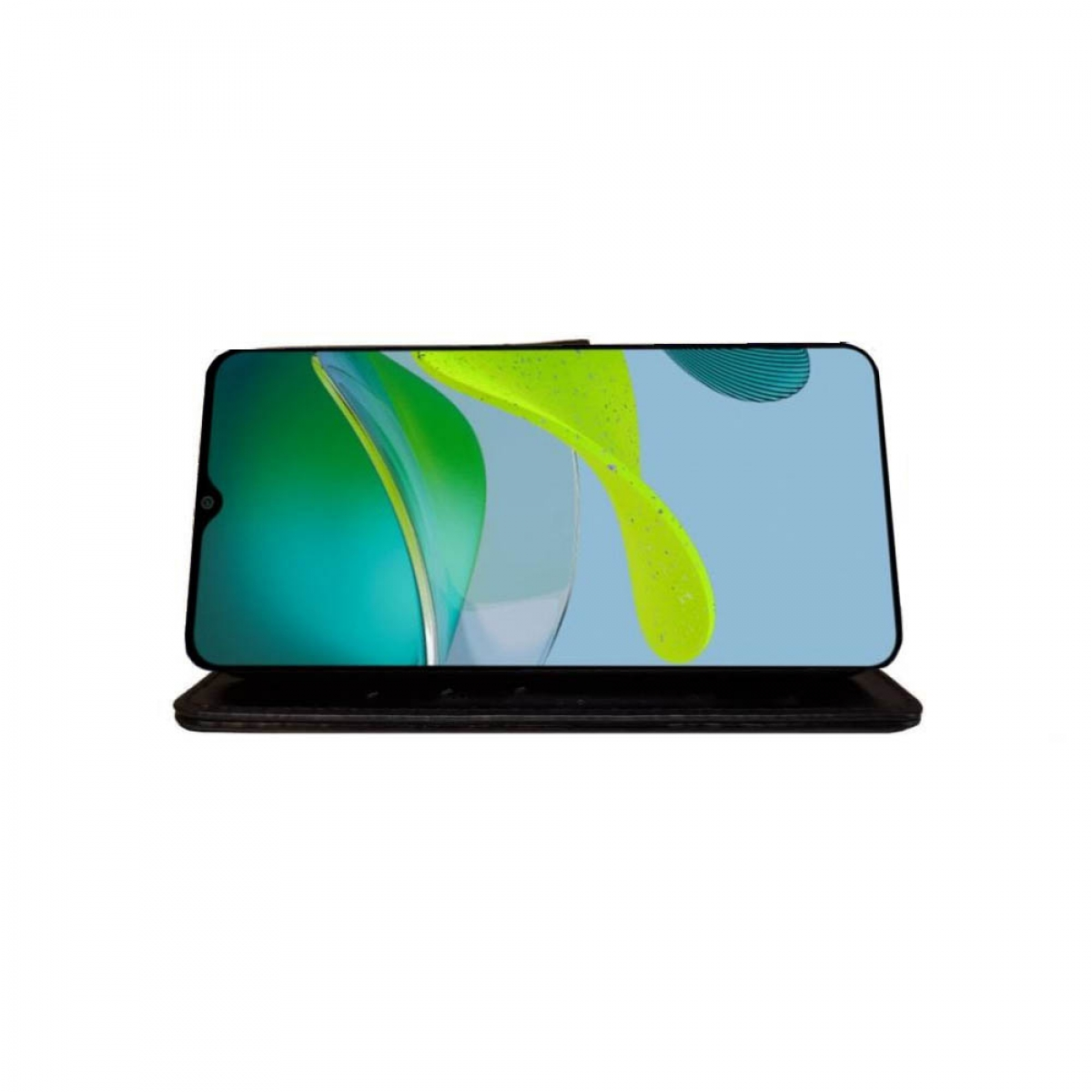 Ein Telefonbildschirm mit einem Design in Grün- und Blautönen. Das Telefon befindet sich in einer schwarzen Hülle.