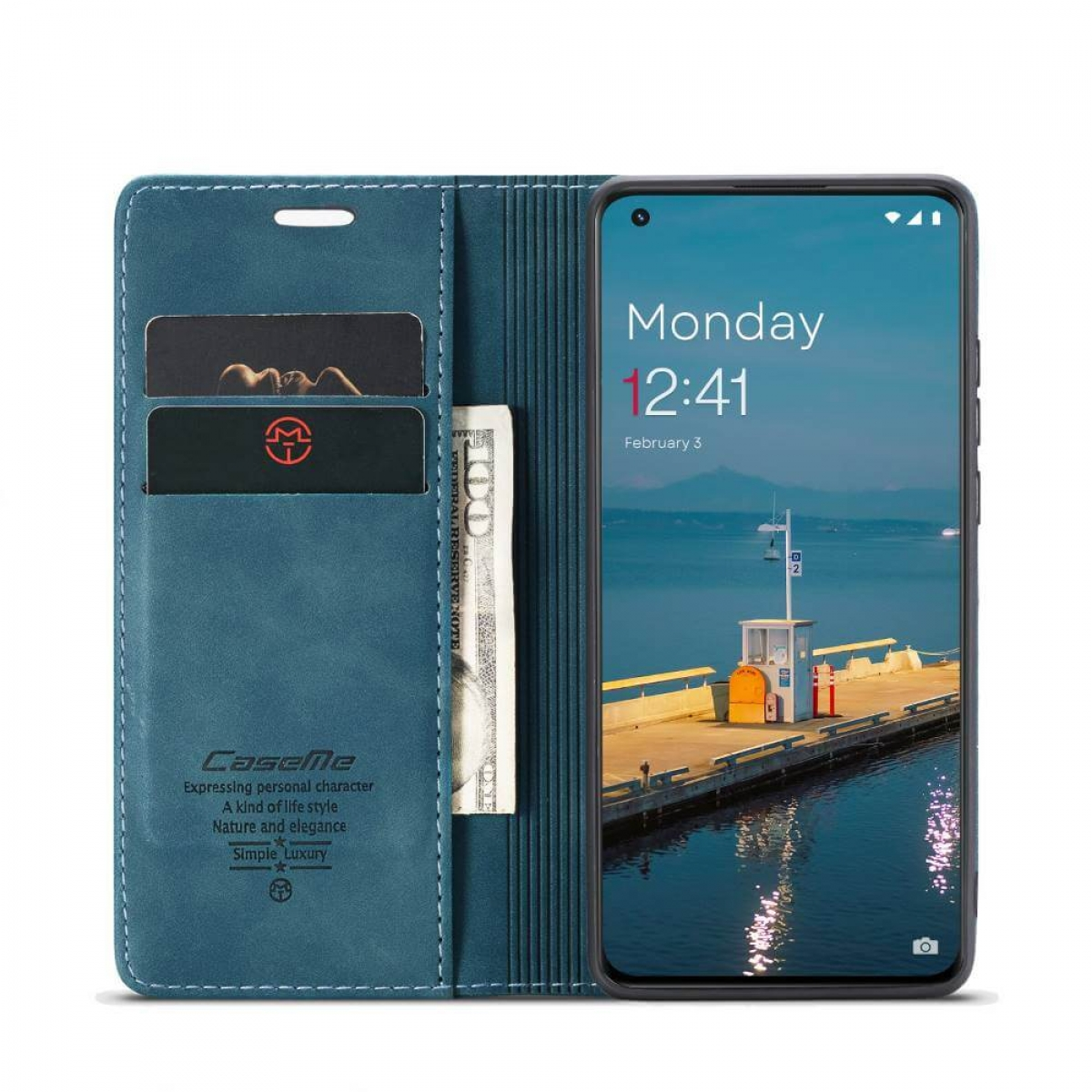 Blaue Handyhülle, die einen Telefonbildschirm mit einem Pier und einem Stadtbild zeigt.